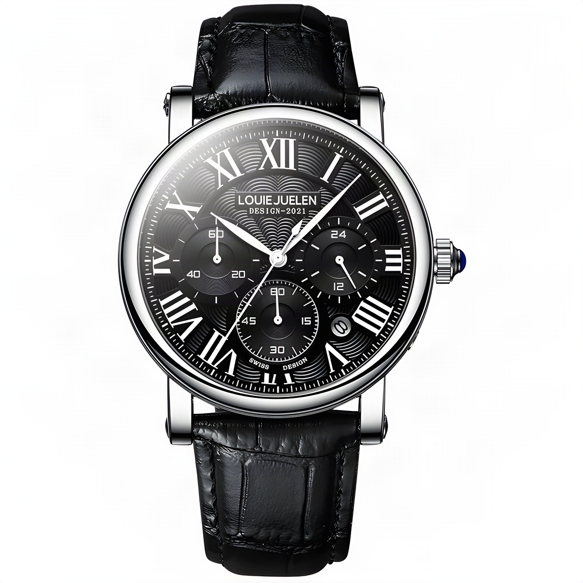 LOUIE JUELEN 40mm Roman-dial quartz watch in Silver Case / Black Dial