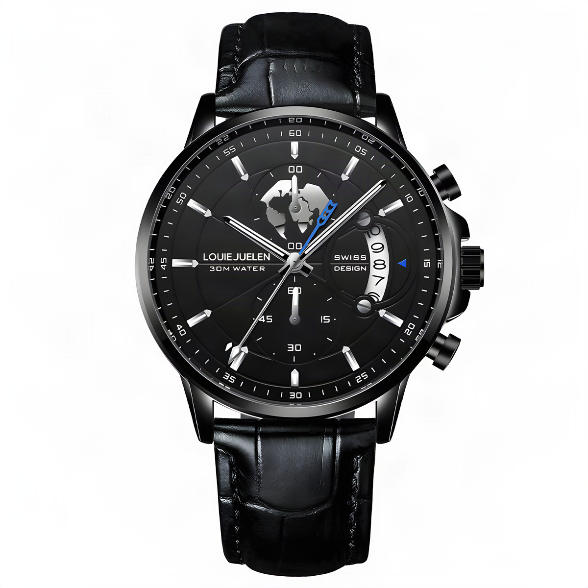 LOUIE JUELEN 42mm sport quartz day-date watch in All Black Leather