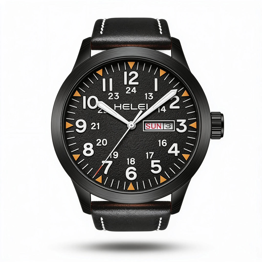 HELEI 42mm Black field-style quartz day-date watch studio hero on white