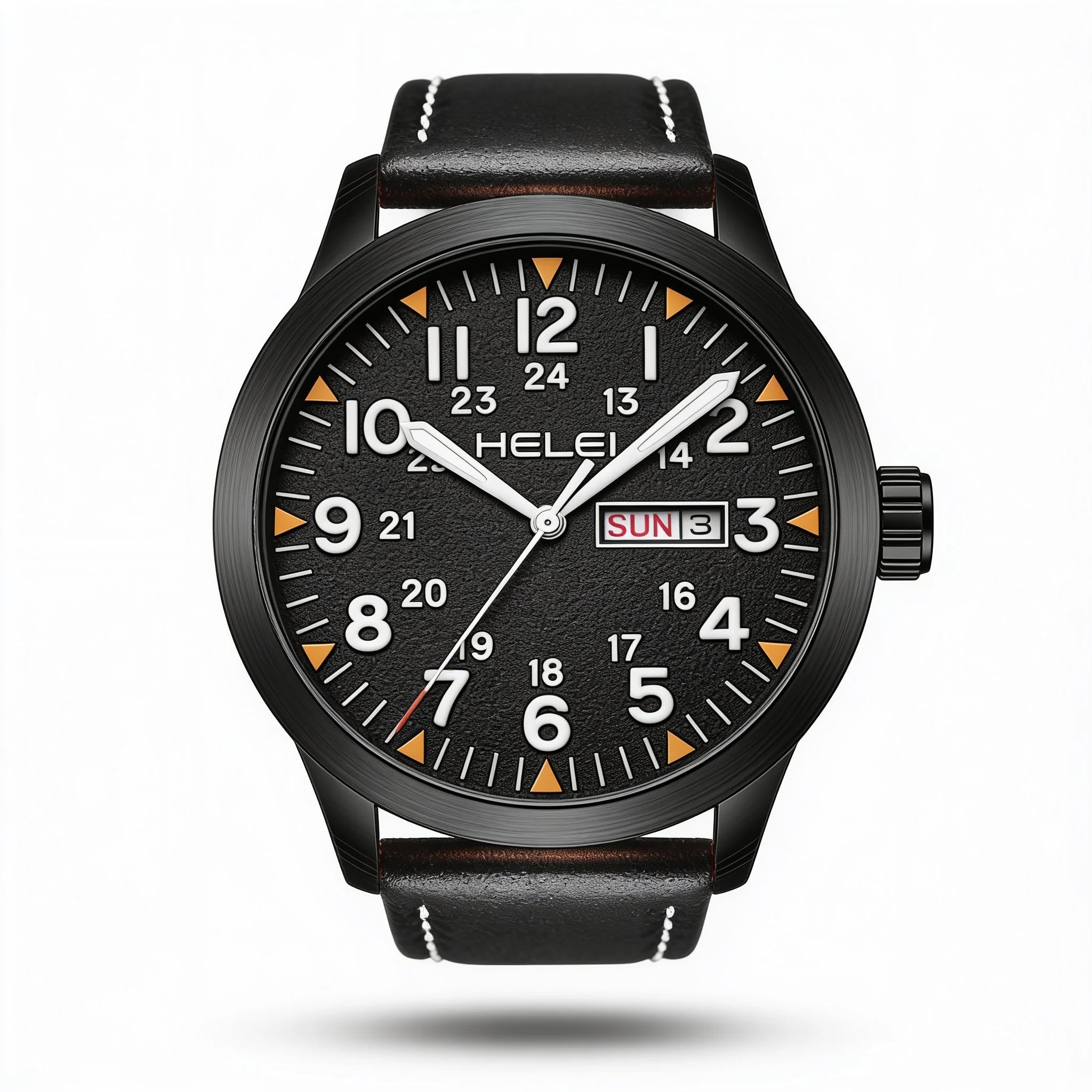 HELEI 42mm Black field-style quartz day-date watch studio hero on white