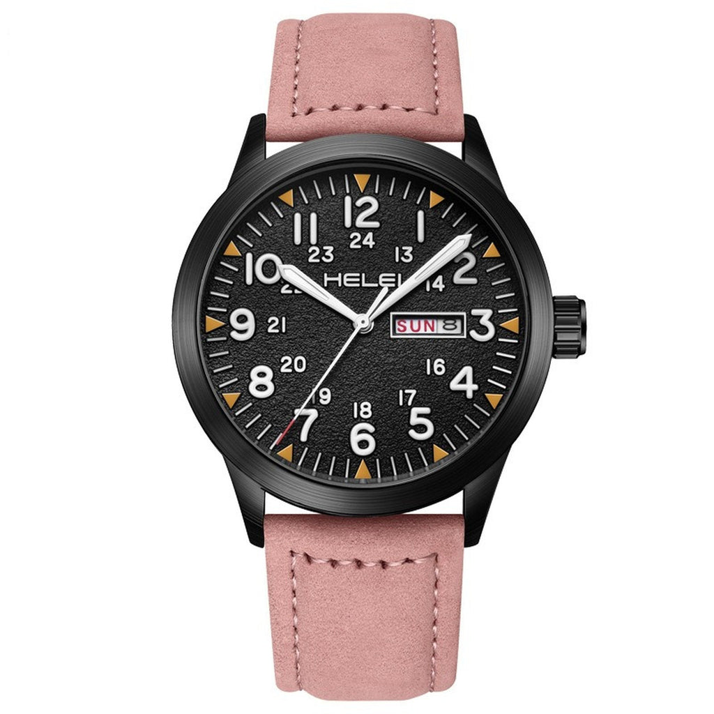 HELEI 42mm Black case pink dial field-style watch with black leather strap