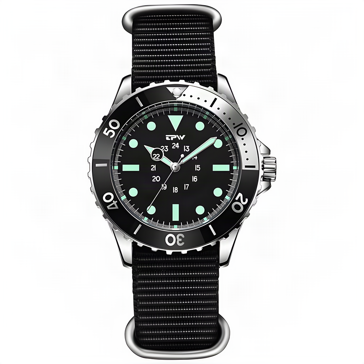 TPW diver-style quartz watch with black dial and black nylon strap