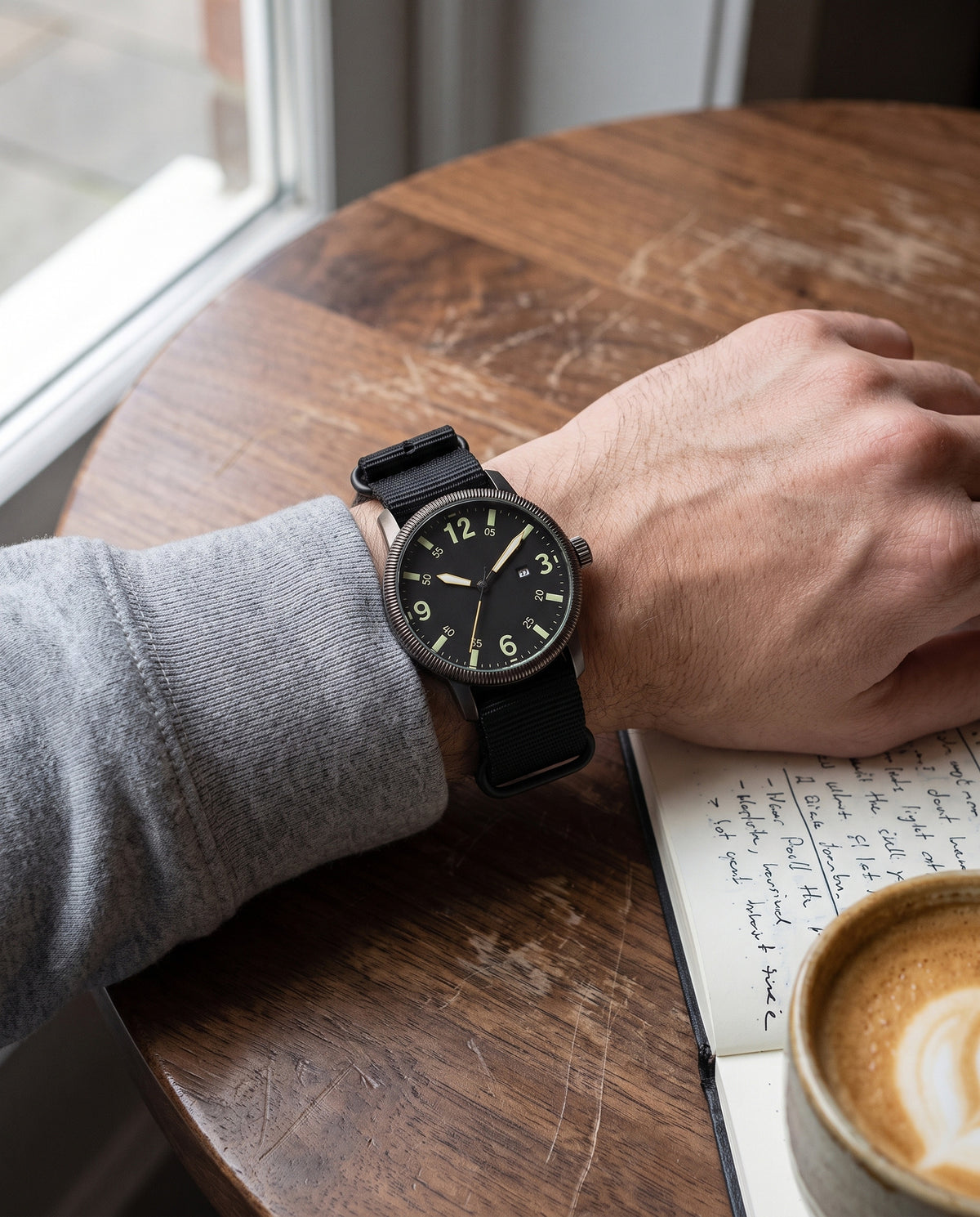AWC field calendar quartz watch worn on a wrist at a cafe table with a notebook and coffee