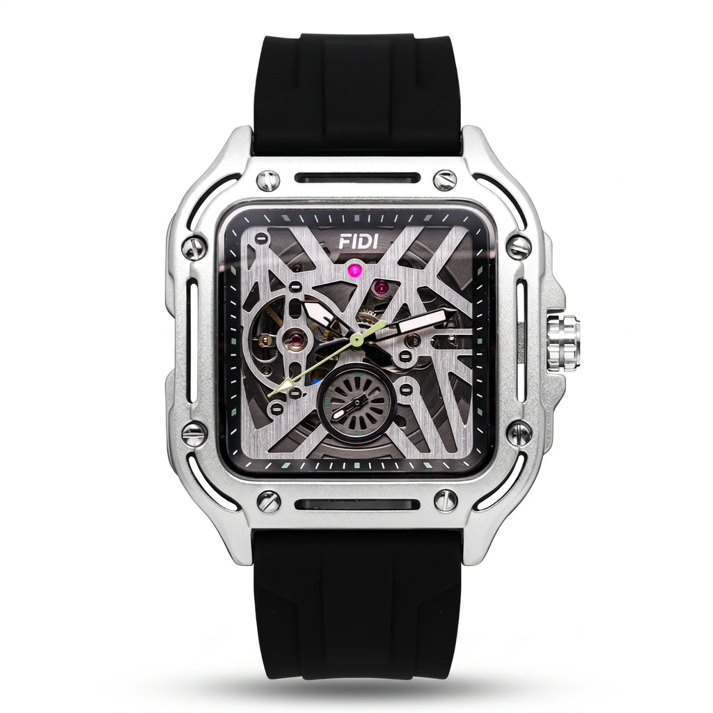 FIDI square skeleton automatic watch, silver case black skeleton dial, black silicone strap