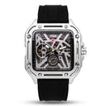 FIDI square skeleton automatic watch, silver case black skeleton dial, black silicone strap
