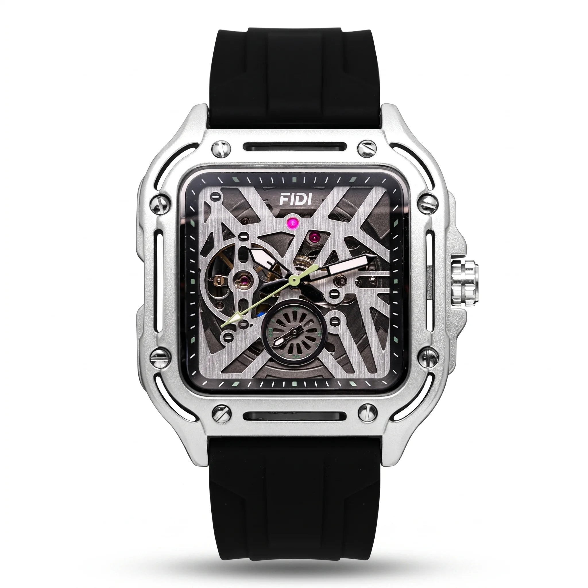 FIDI square skeleton automatic watch, silver case black skeleton dial, black silicone strap