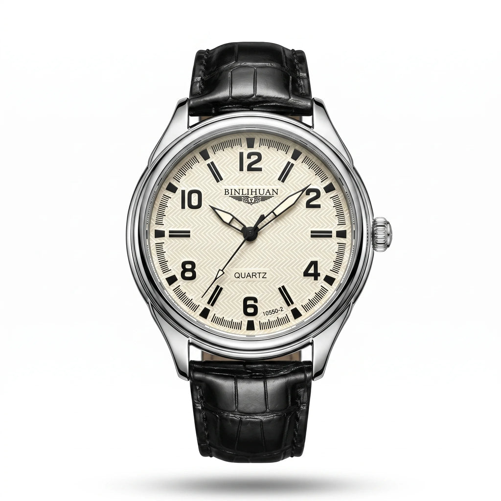AWC textured cream-dial quartz watch with silver-tone case and black leather strap