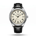 AWC textured cream-dial quartz watch with silver-tone case and black leather strap