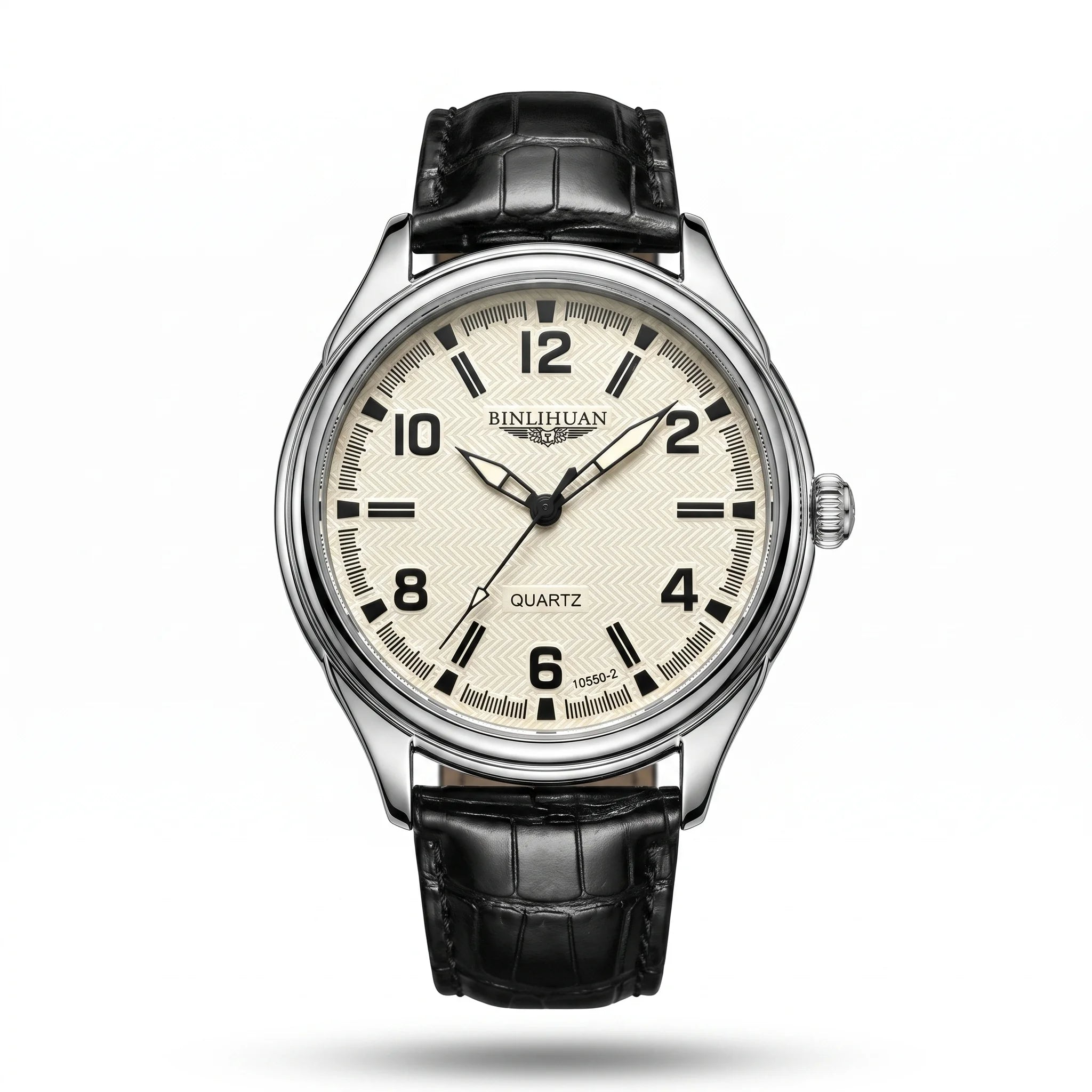 AWC textured cream-dial quartz watch with silver-tone case and black leather strap
