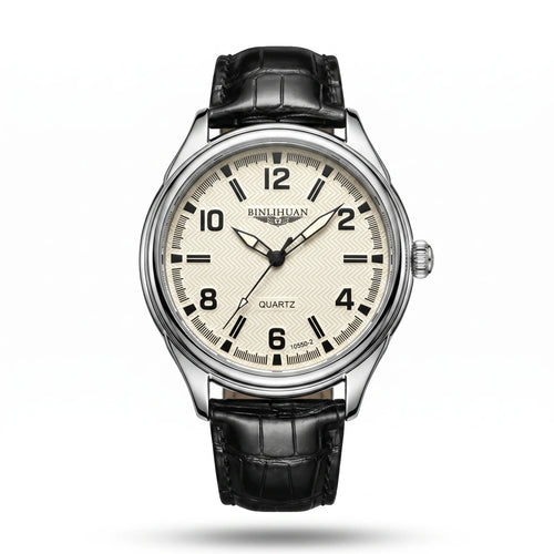 AWC textured cream-dial quartz watch with silver-tone case and black leather strap