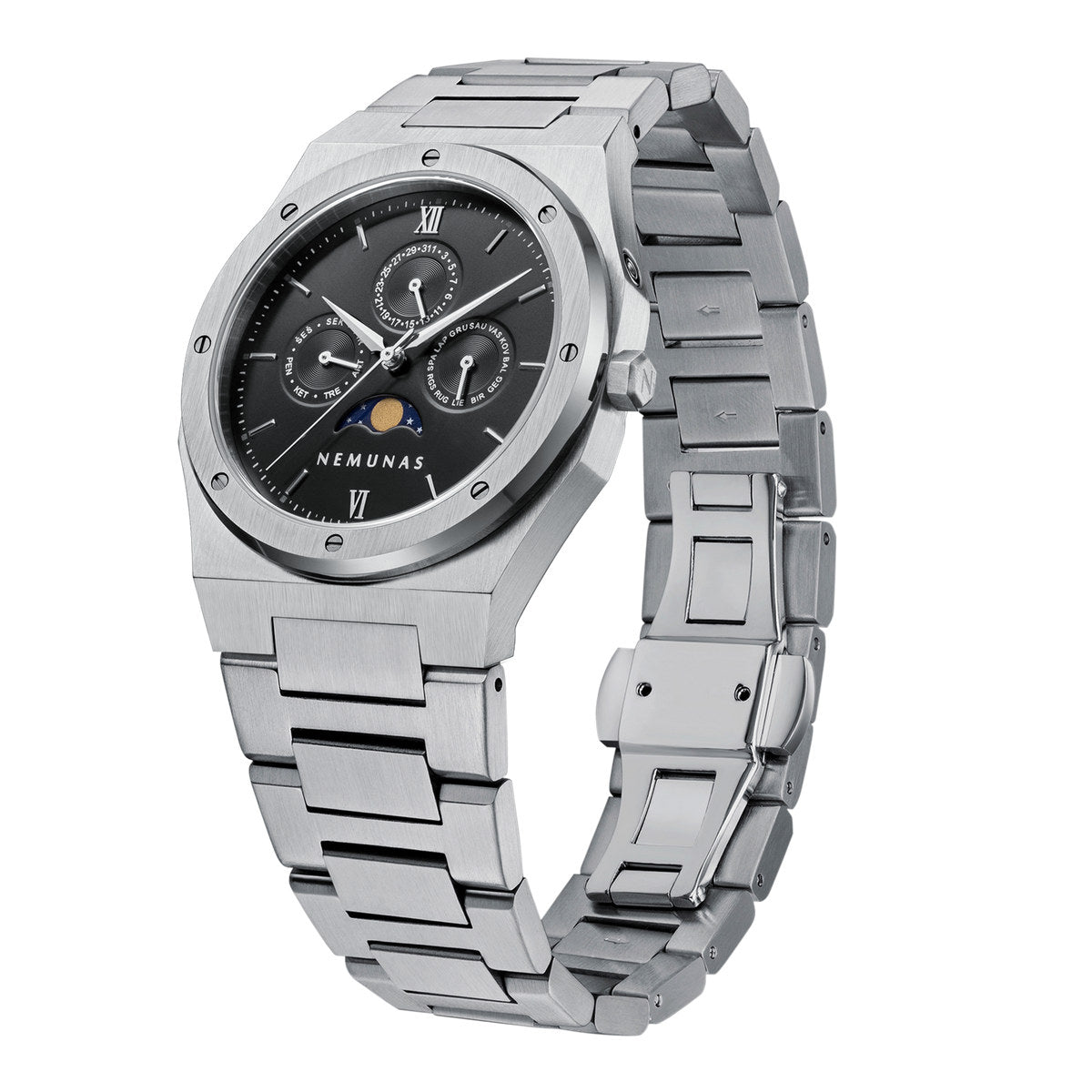 NEMUNAS Perkunas black and silver watch angled view