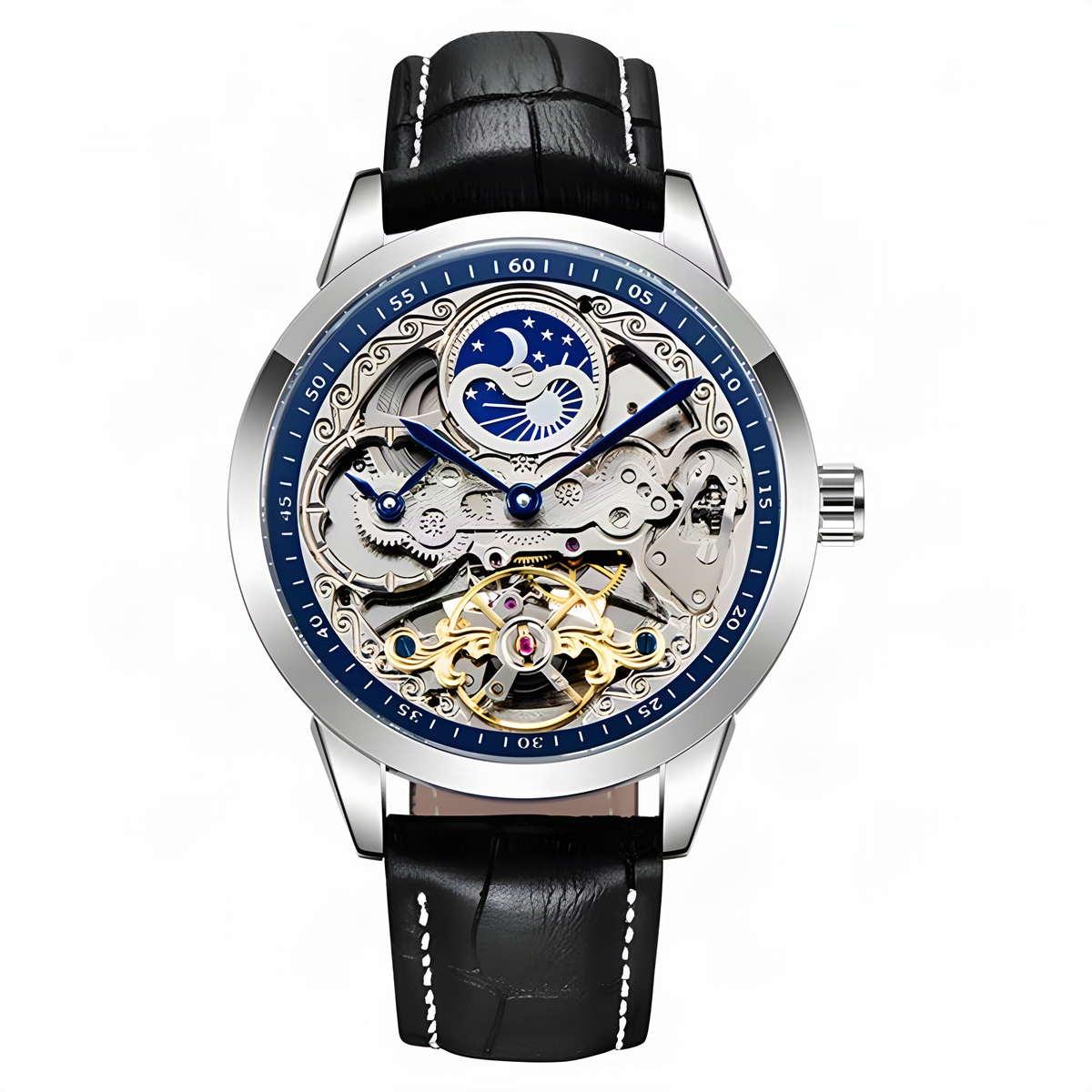FORSINING For55 Black Silver Blue moon-and-stars skeleton automatic watch