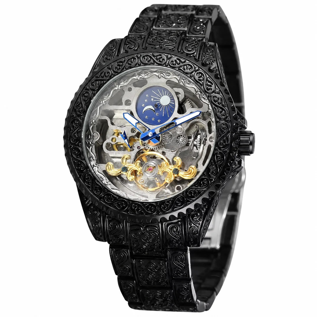 FORSINING Moon-and-Stars Skeleton Automatic Watch on pure white background