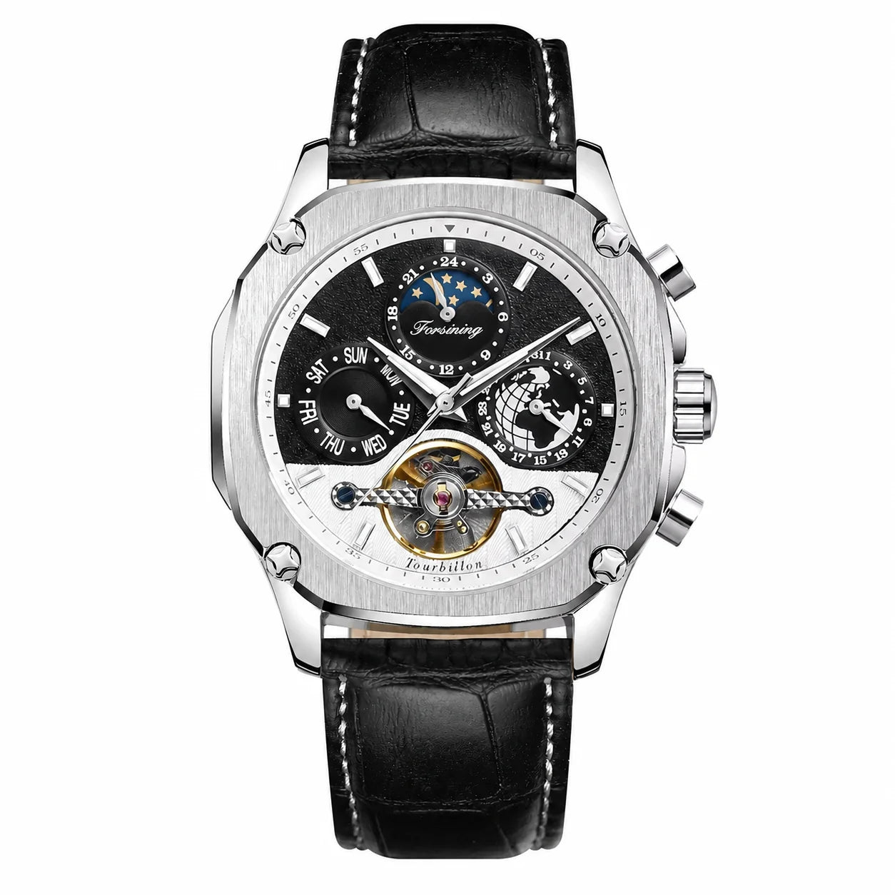 FORSINING Engraved Skeleton Automatic Watch on pure white background