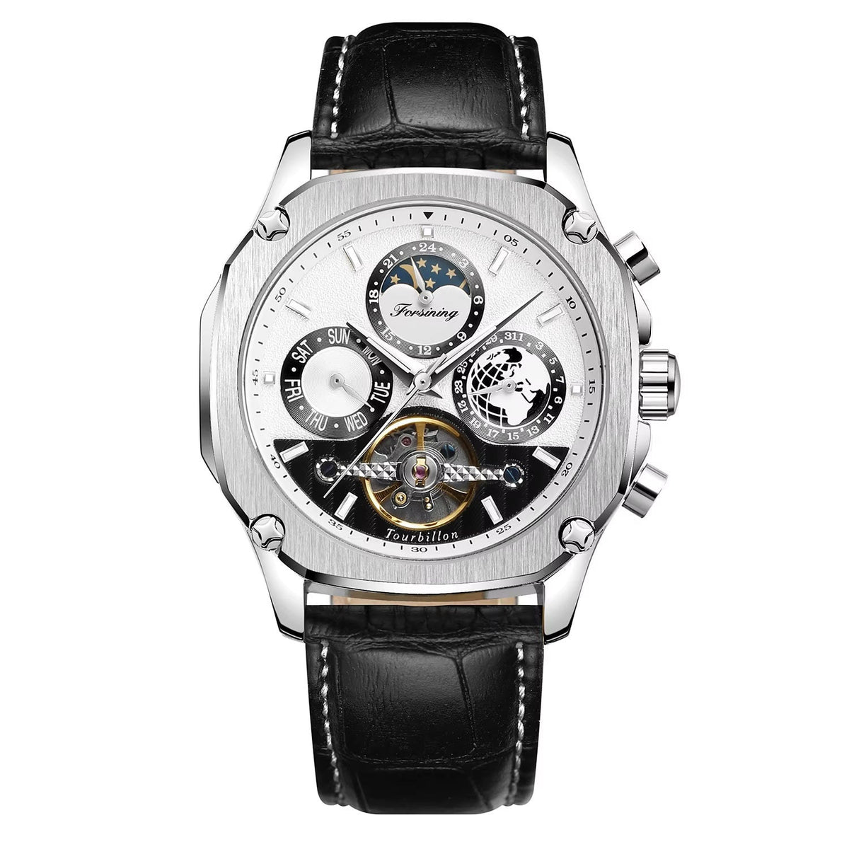 FORSINING engraved skeleton automatic watch with white dial and black leather strap