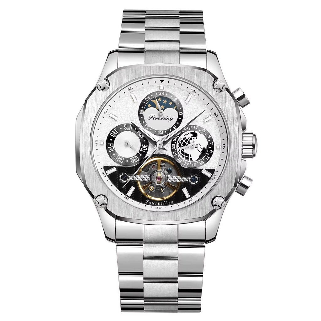 FORSINING engraved skeleton automatic watch with white dial and steel bracelet