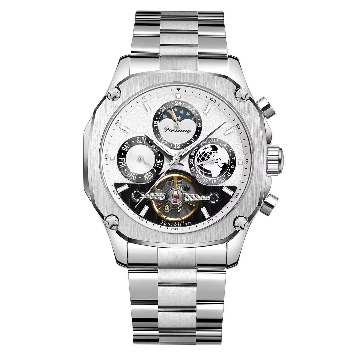 FORSINING engraved skeleton automatic watch with white dial and steel bracelet