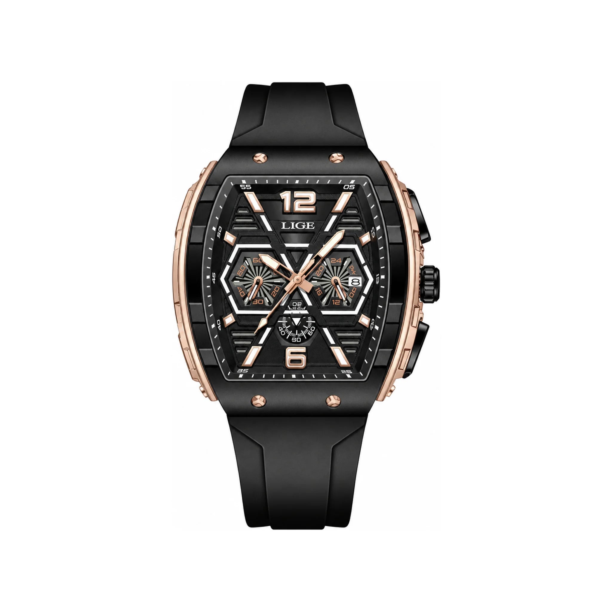 LIGE 89108 Gold-Tone Quartz Sport Watch on white background
