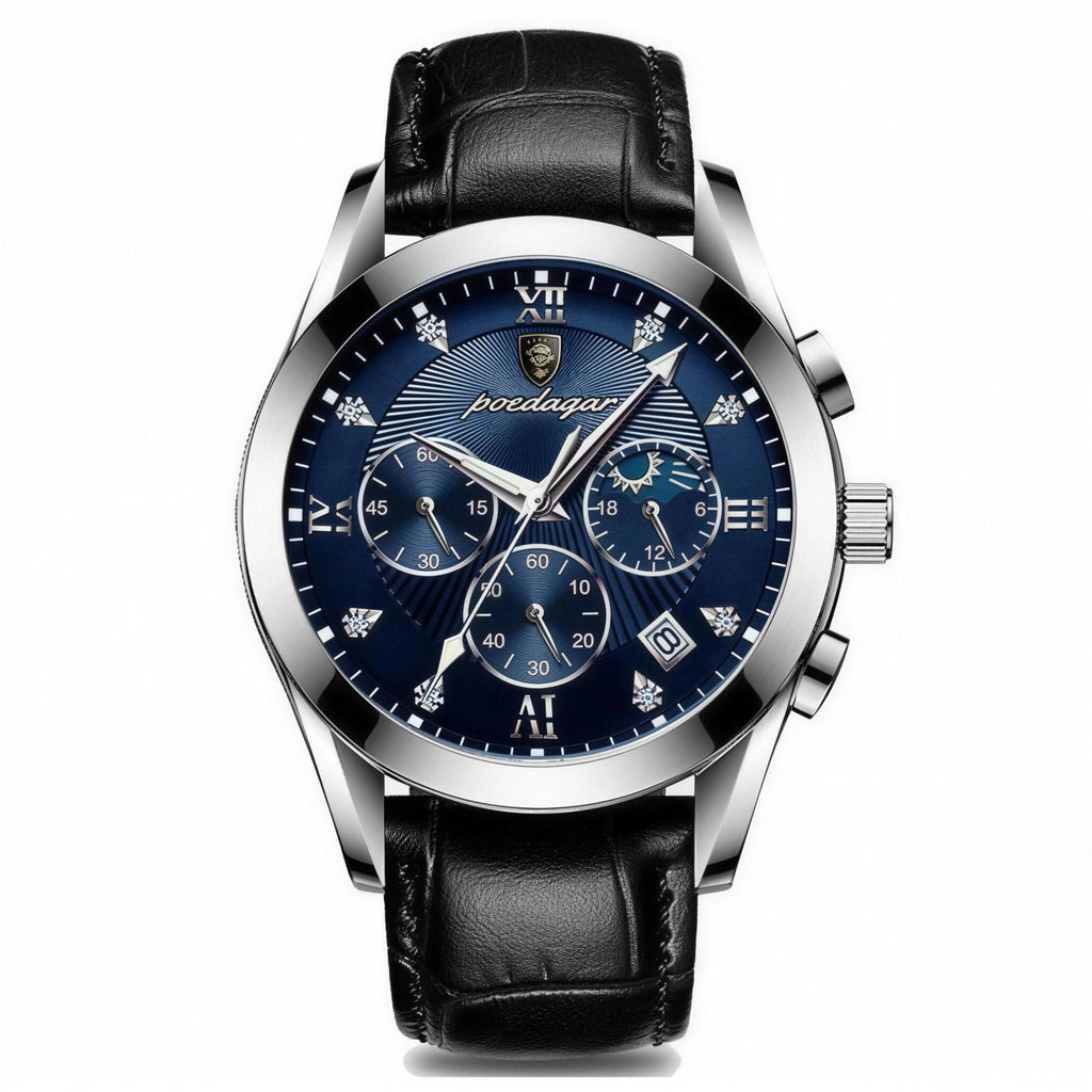POEDAGAR 42mm chronograph with silver case, blue dial, and black leather strap