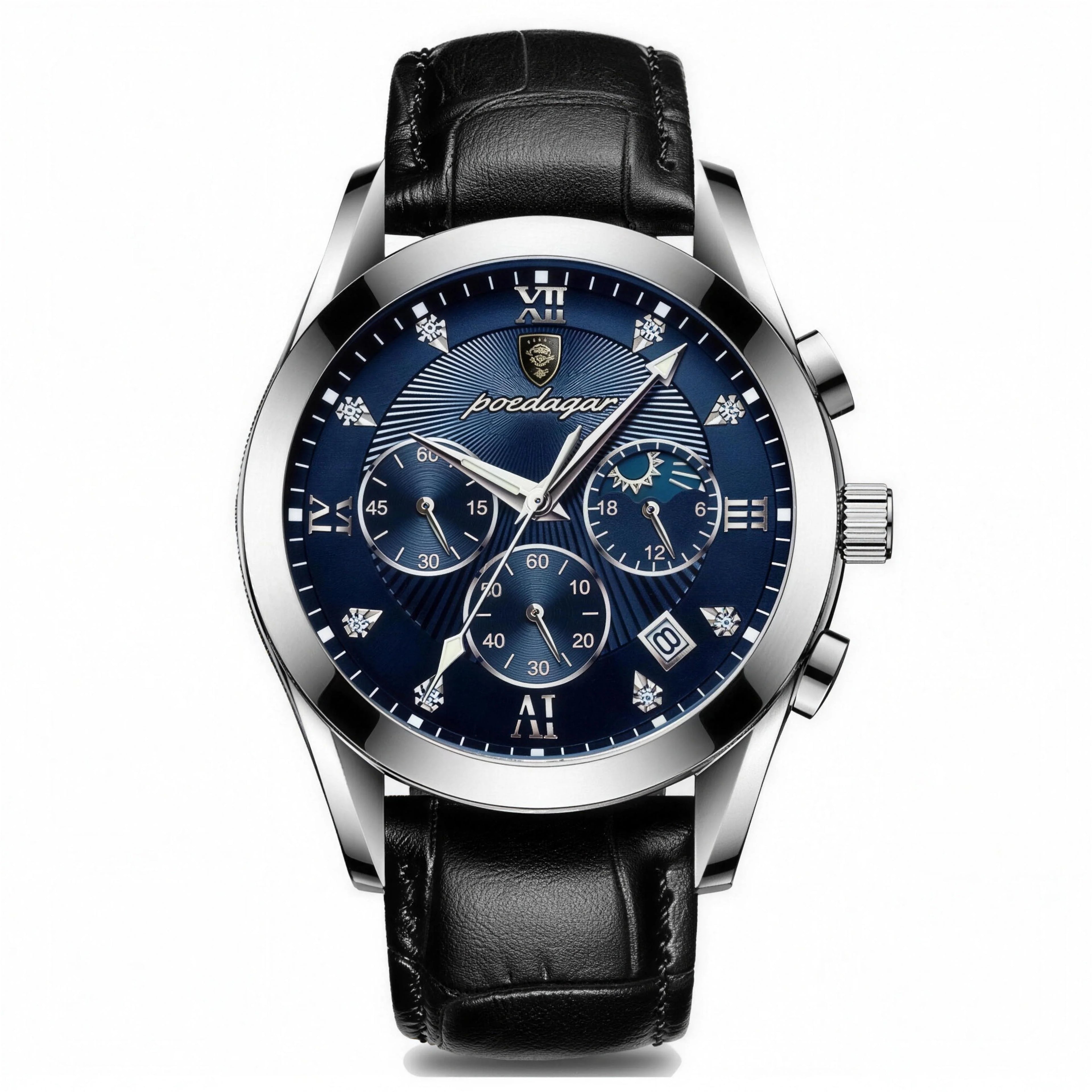 POEDAGAR 42mm chronograph with silver case, blue dial, and black leather strap