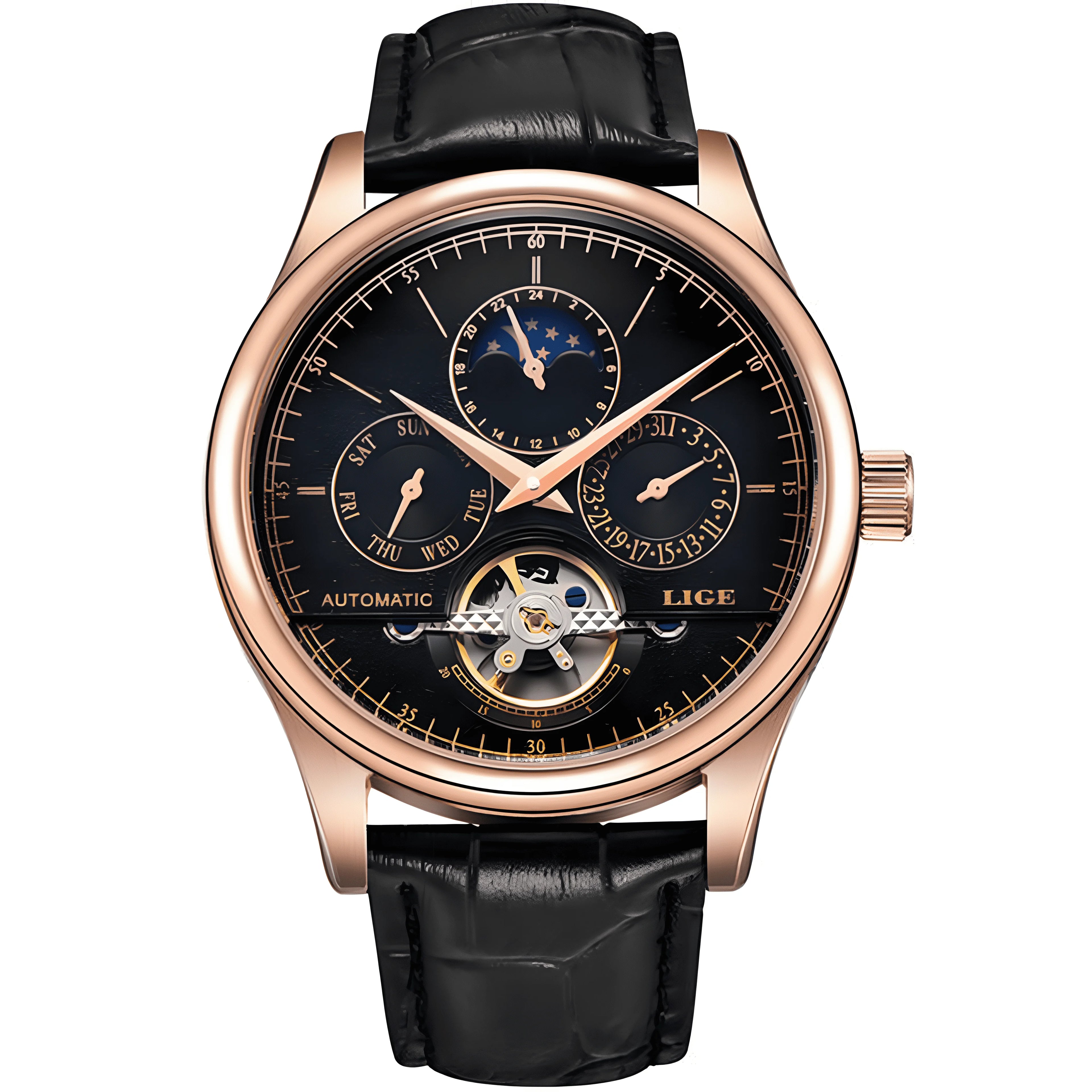 LIGE LG6826 rose gold case black dial black leather strap