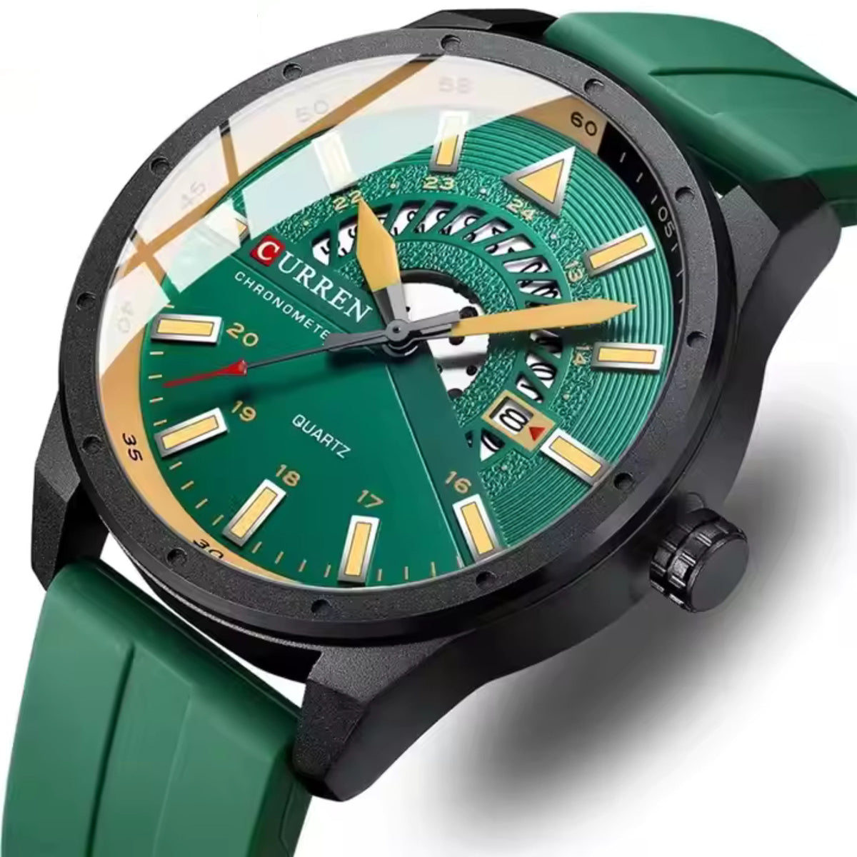 CURREN 8421 green-dial quartz watch, three-quarter angle showing black case, gold ring and green silicone strap