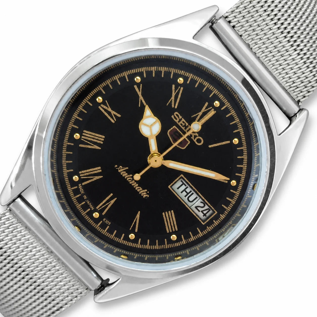 Vintage Seiko 5 6309A Black Roman Dial exact watch on pure white background