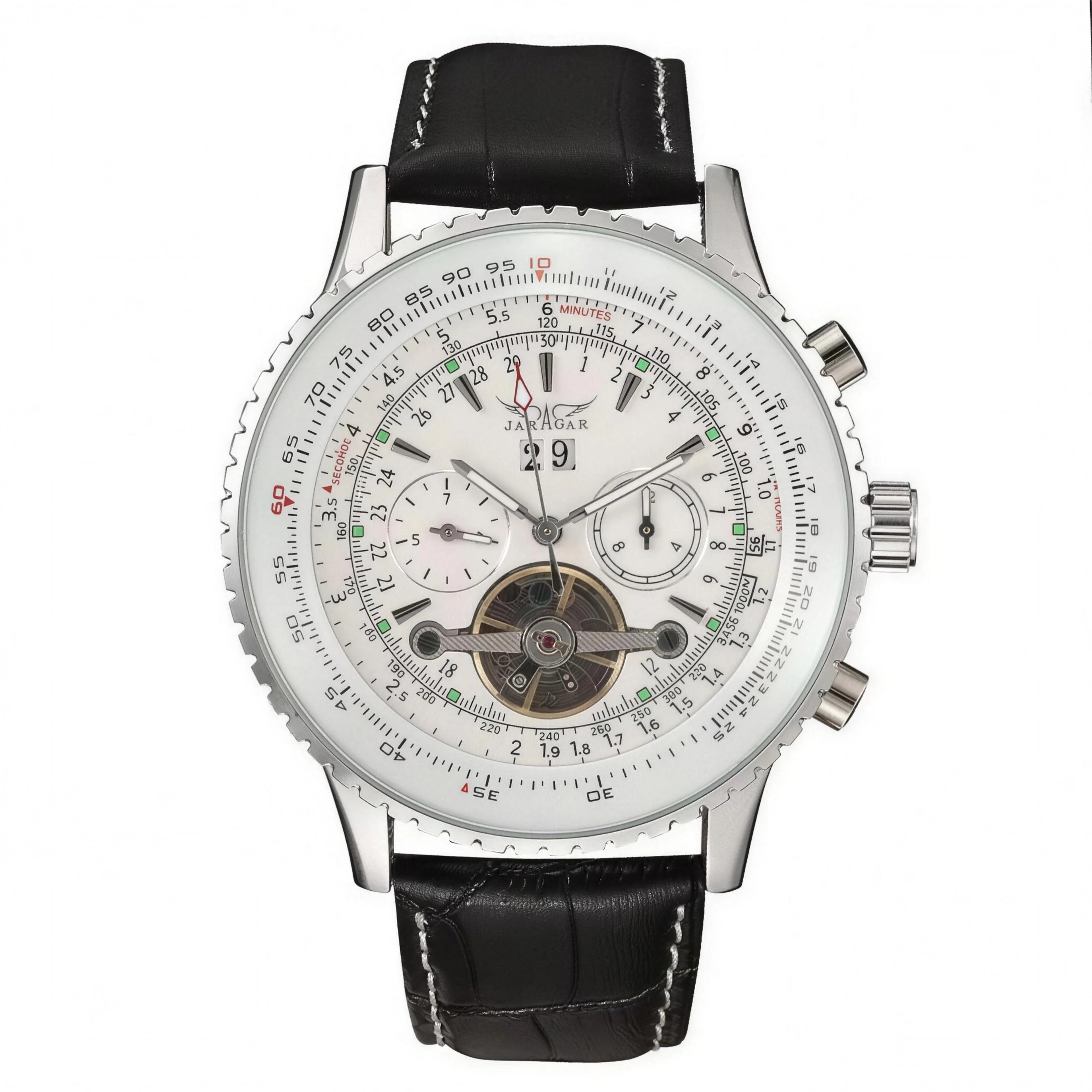 JARAGAR 0208 automatic open-heart watch with white dial and black leather strap