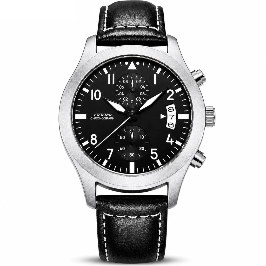 SINOBI S9906G black quartz chronograph with black leather strap on white