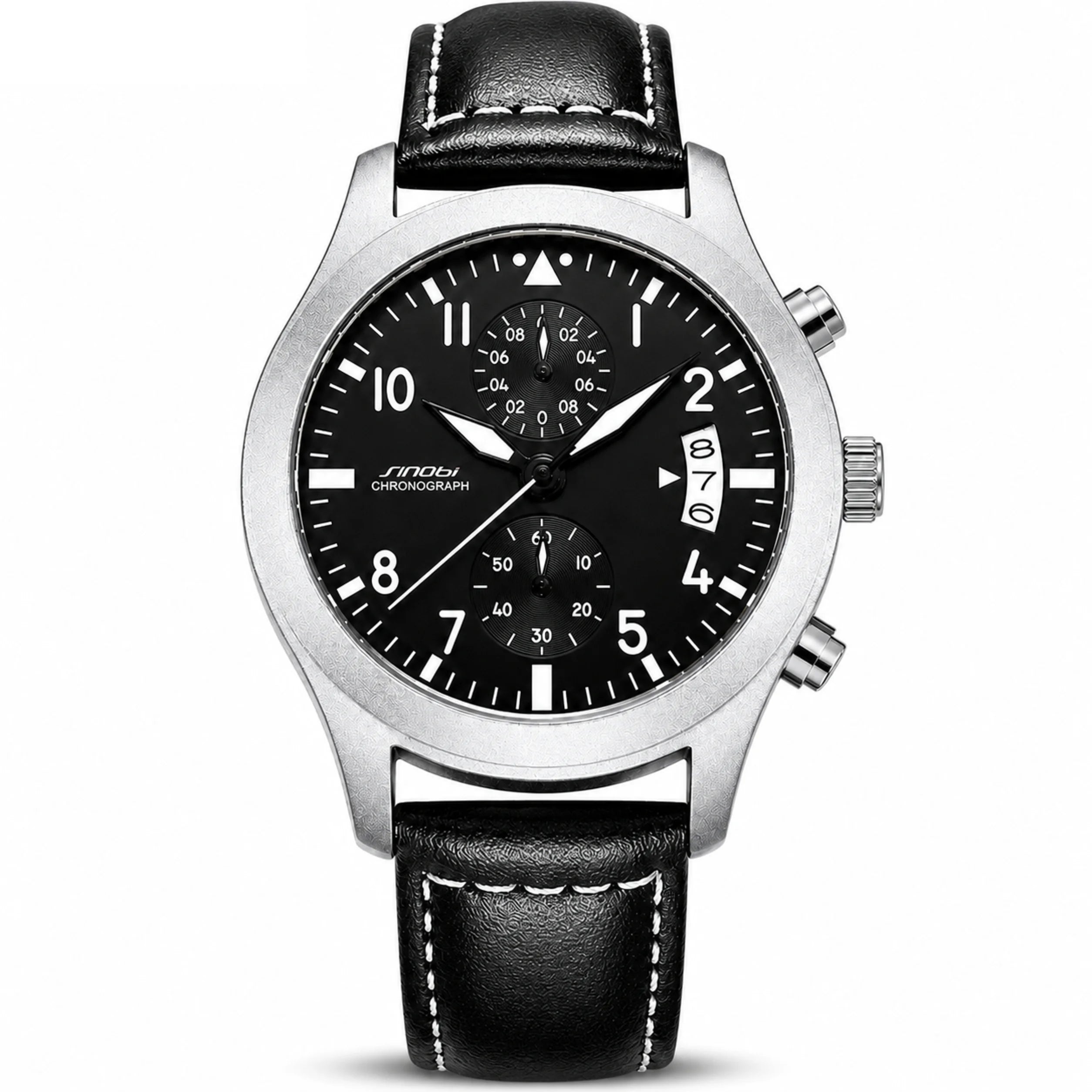 SINOBI S9906G black quartz chronograph with black leather strap on white