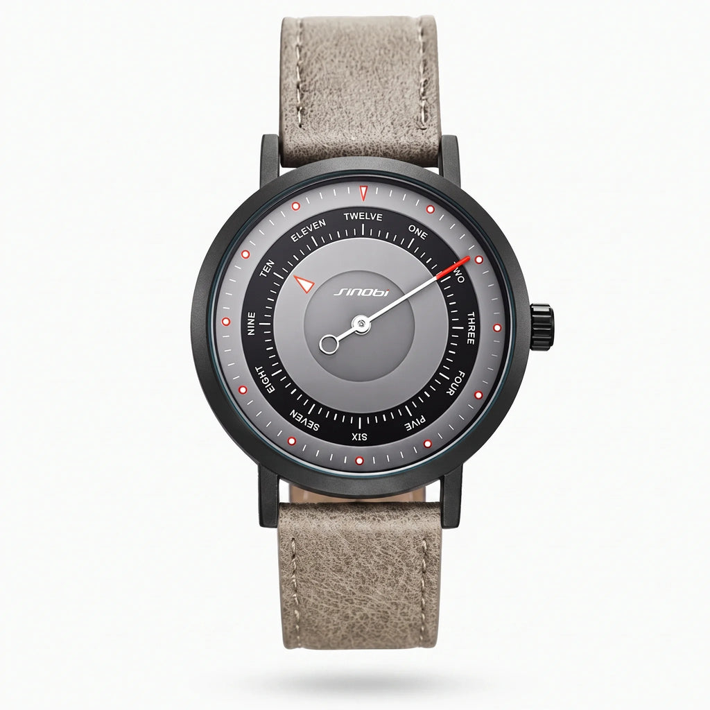 SINOBI S9805G beige leather one-hand quartz watch on transparent background