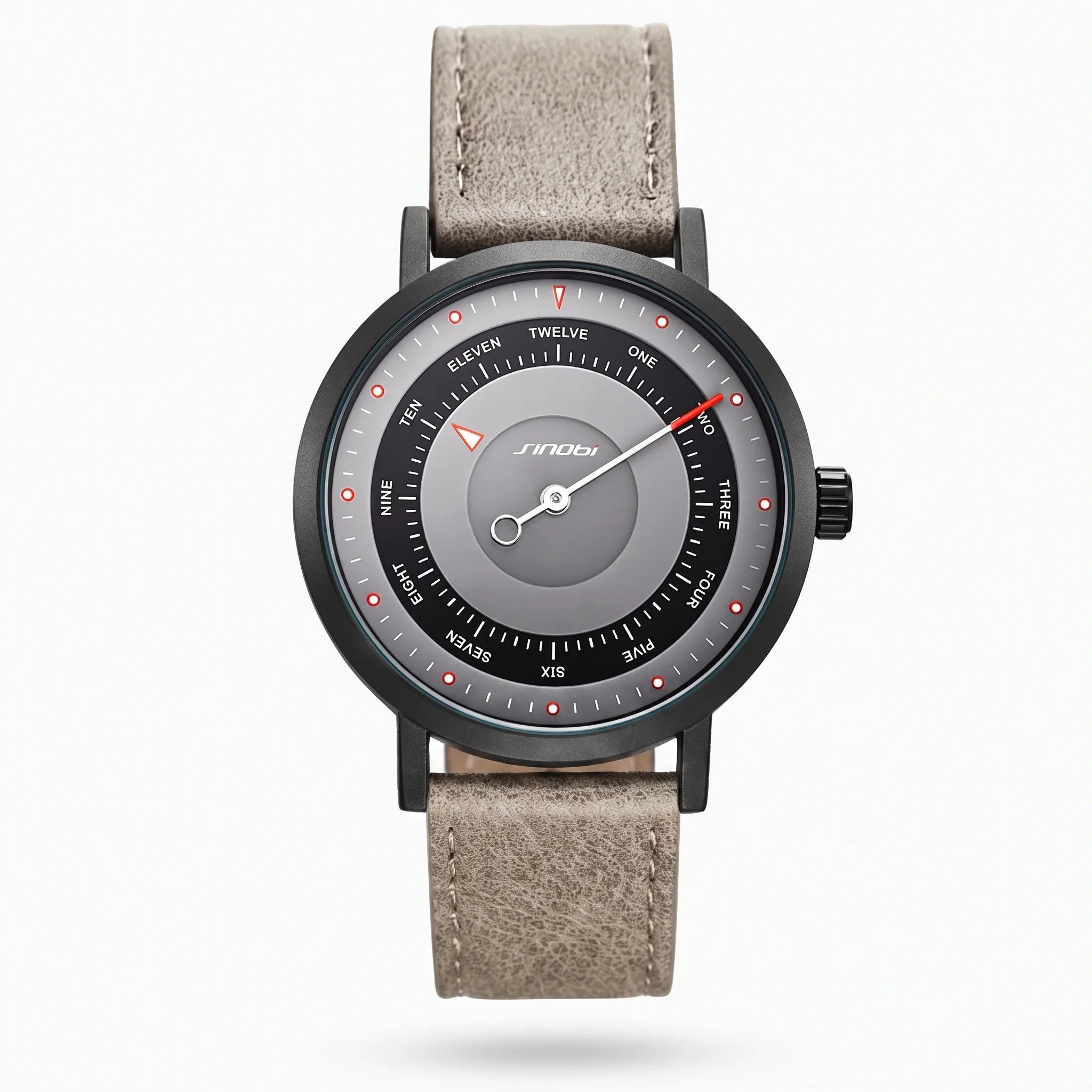 SINOBI S9805G beige leather one-hand quartz watch on transparent background