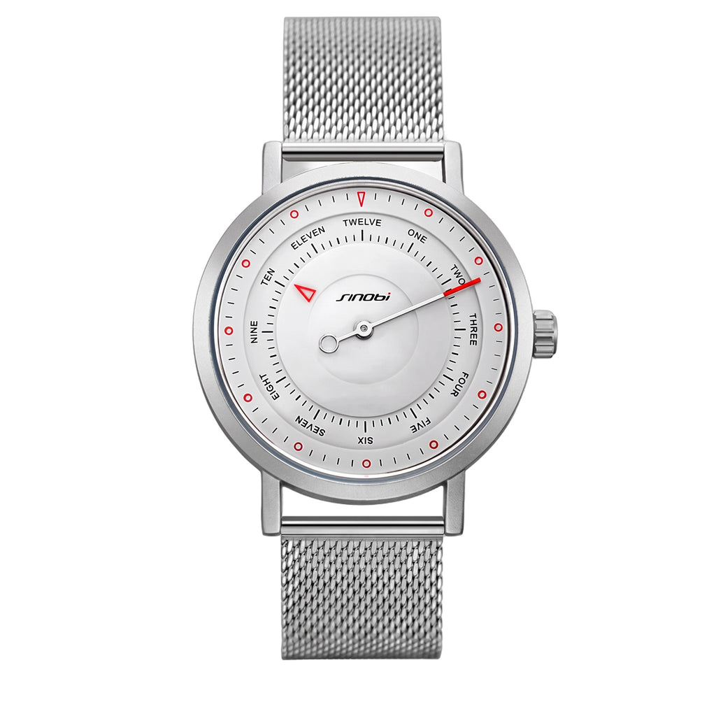 SINOBI S9809G white dial silver mesh one-hand quartz watch on transparent background