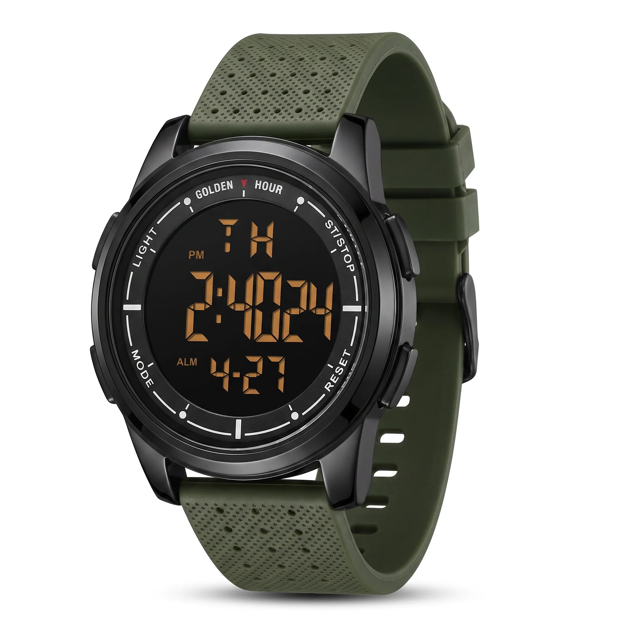GOLDEN HOUR digital sport watch, black case with olive silicone strap, studio hero