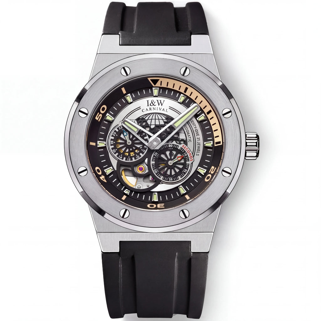 Carnival I&W IW.619G sport skeleton automatic watch, black rubber strap, front view on white, 4K