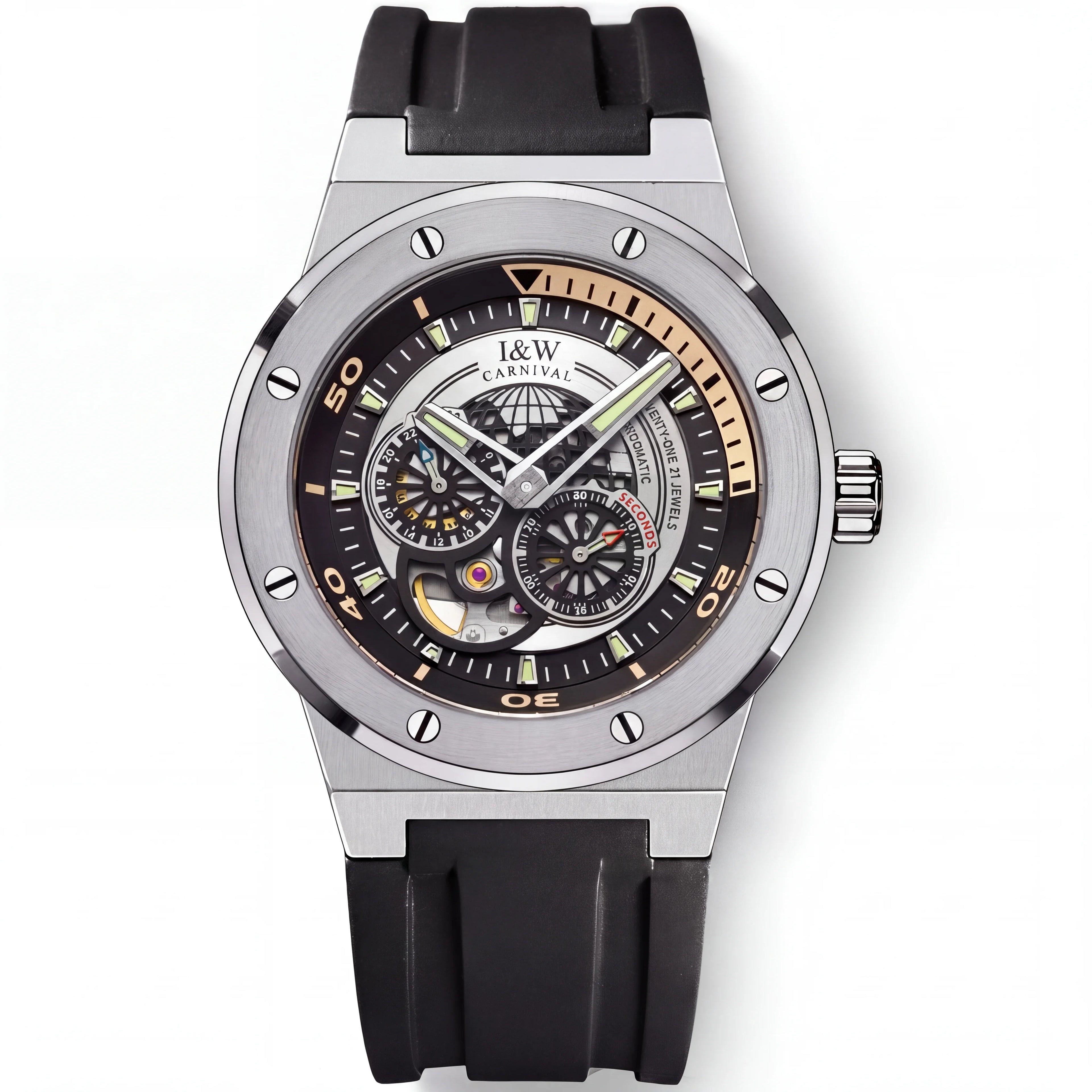 Carnival I&W IW.619G sport skeleton automatic watch, black rubber strap, front view on white, 4K