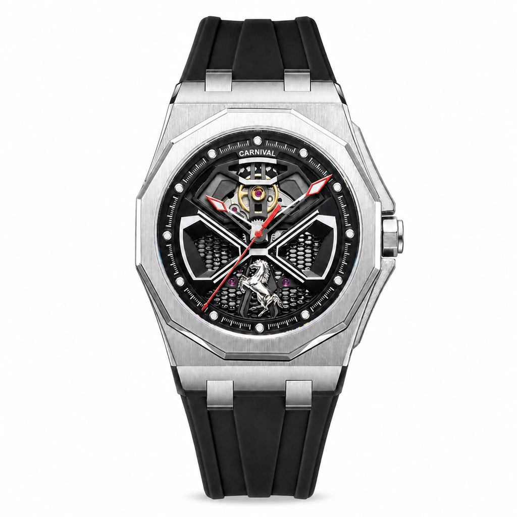 Carnival CG8156G octagonal skeleton automatic watch with black rubber strap on white background