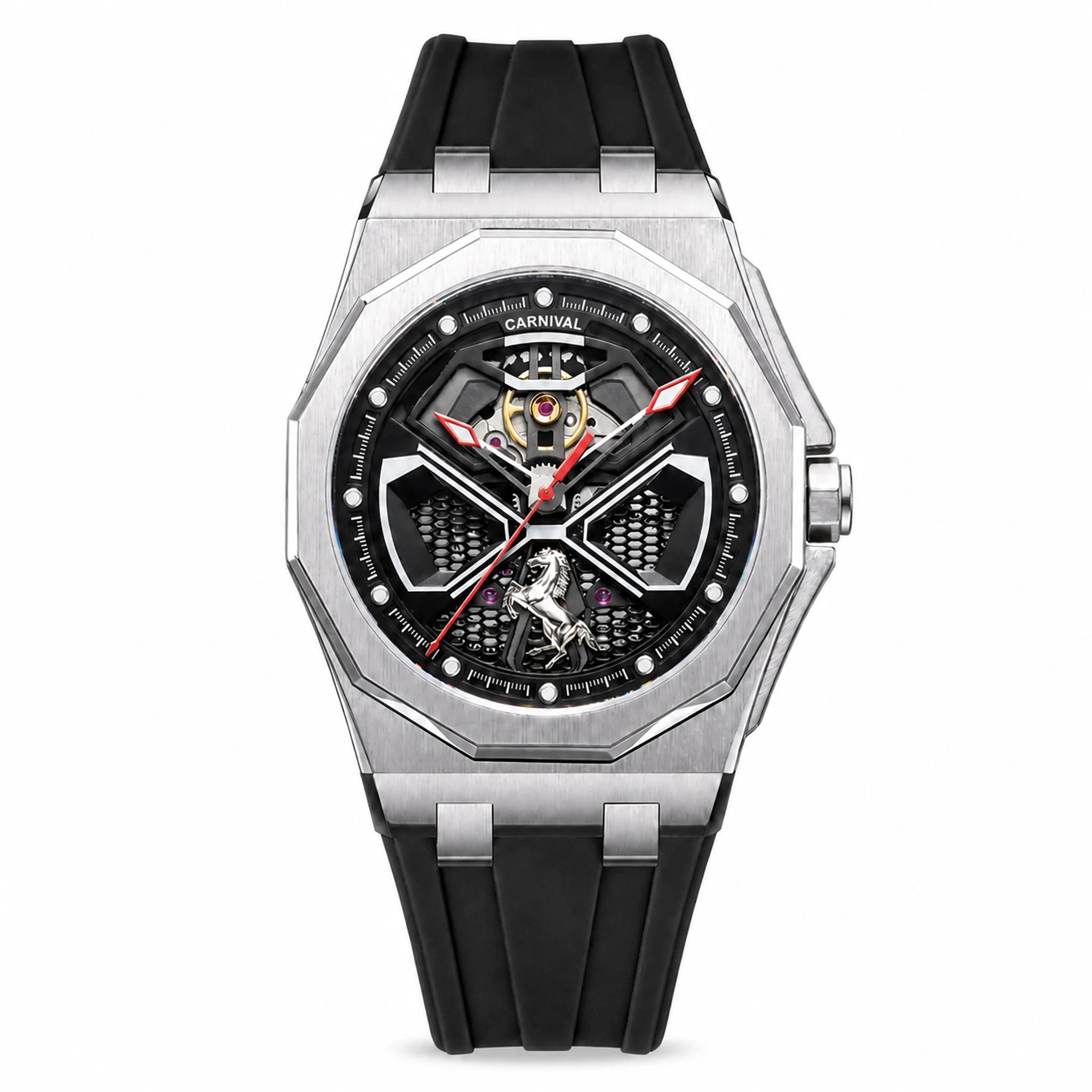 Carnival CG8156G octagonal skeleton automatic watch with black rubber strap on white background