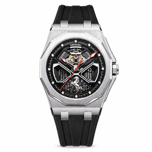 Carnival CG8156G octagonal skeleton automatic watch with black rubber strap on white background