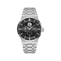 Carnival black-dial automatic watch with globe display and steel bracelet on a pure white background