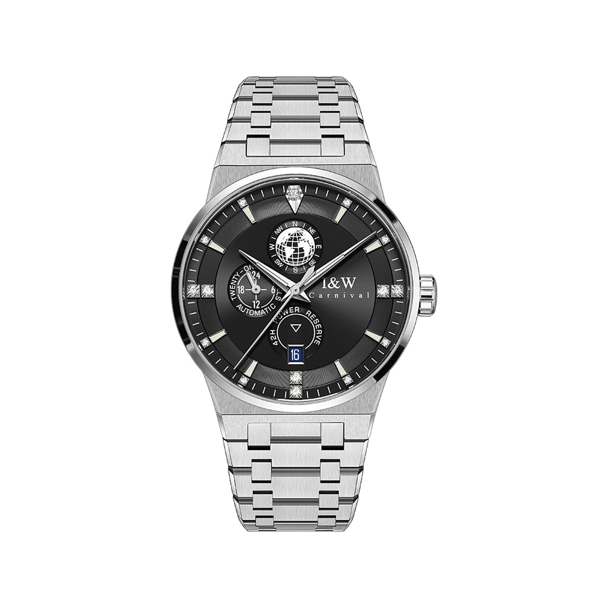 Carnival black-dial automatic watch with globe display and steel bracelet on a pure white background