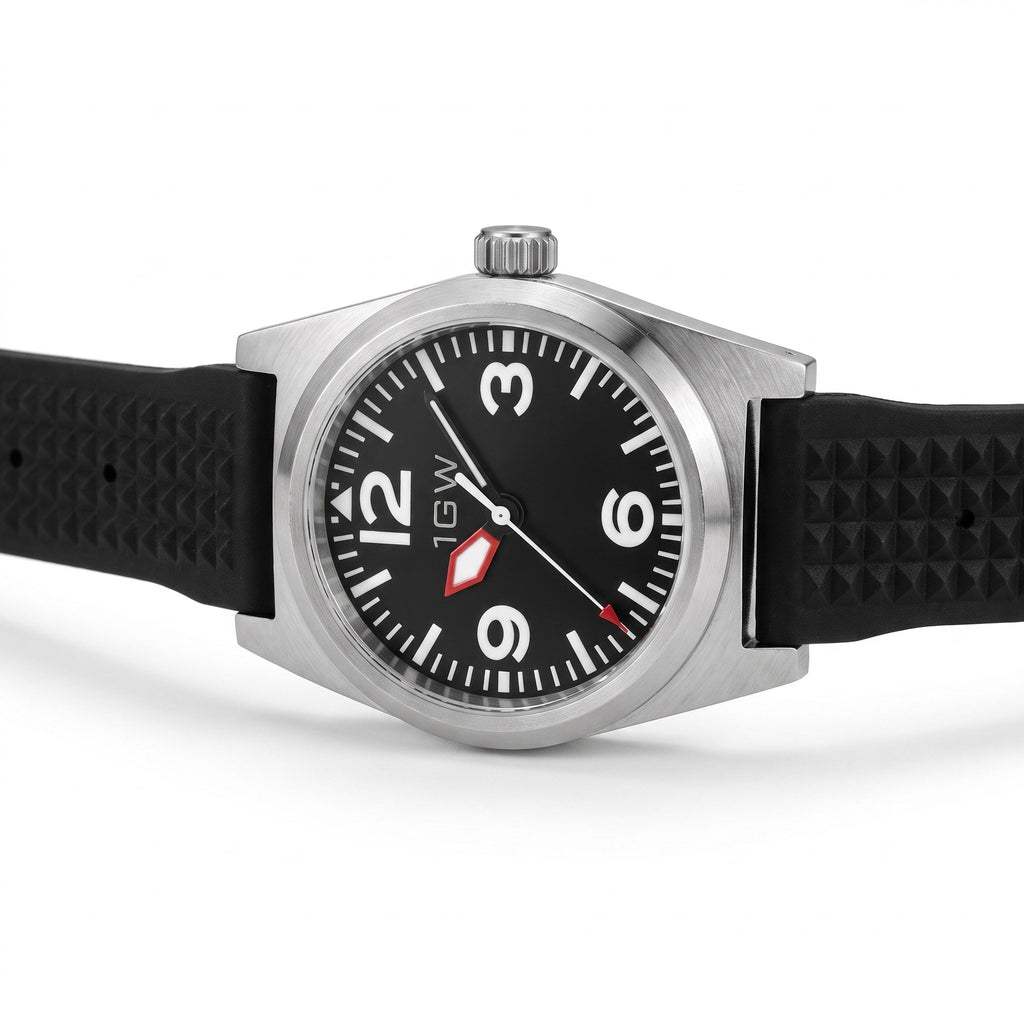 1GW Black Explorer PT5000 - low side profile on white showing case thickness, lug edge and crown