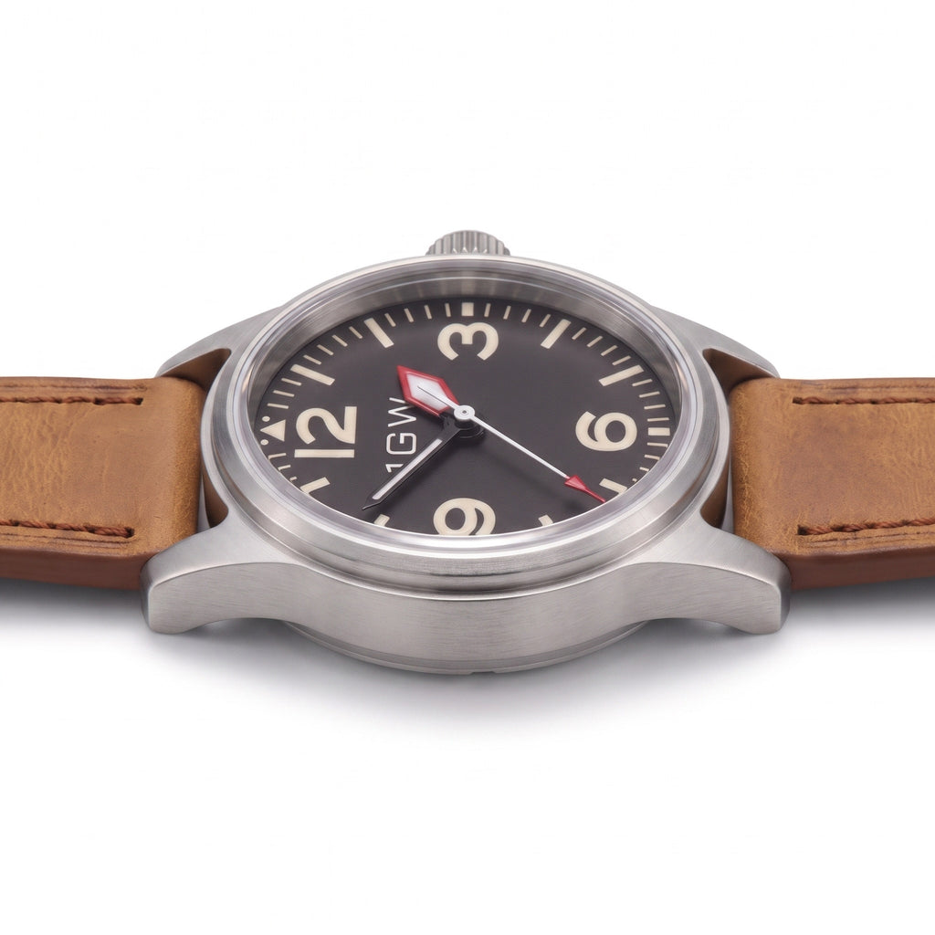 1GW Black Explorer NH35 - low side profile on white showing case thickness, lug edge and crown