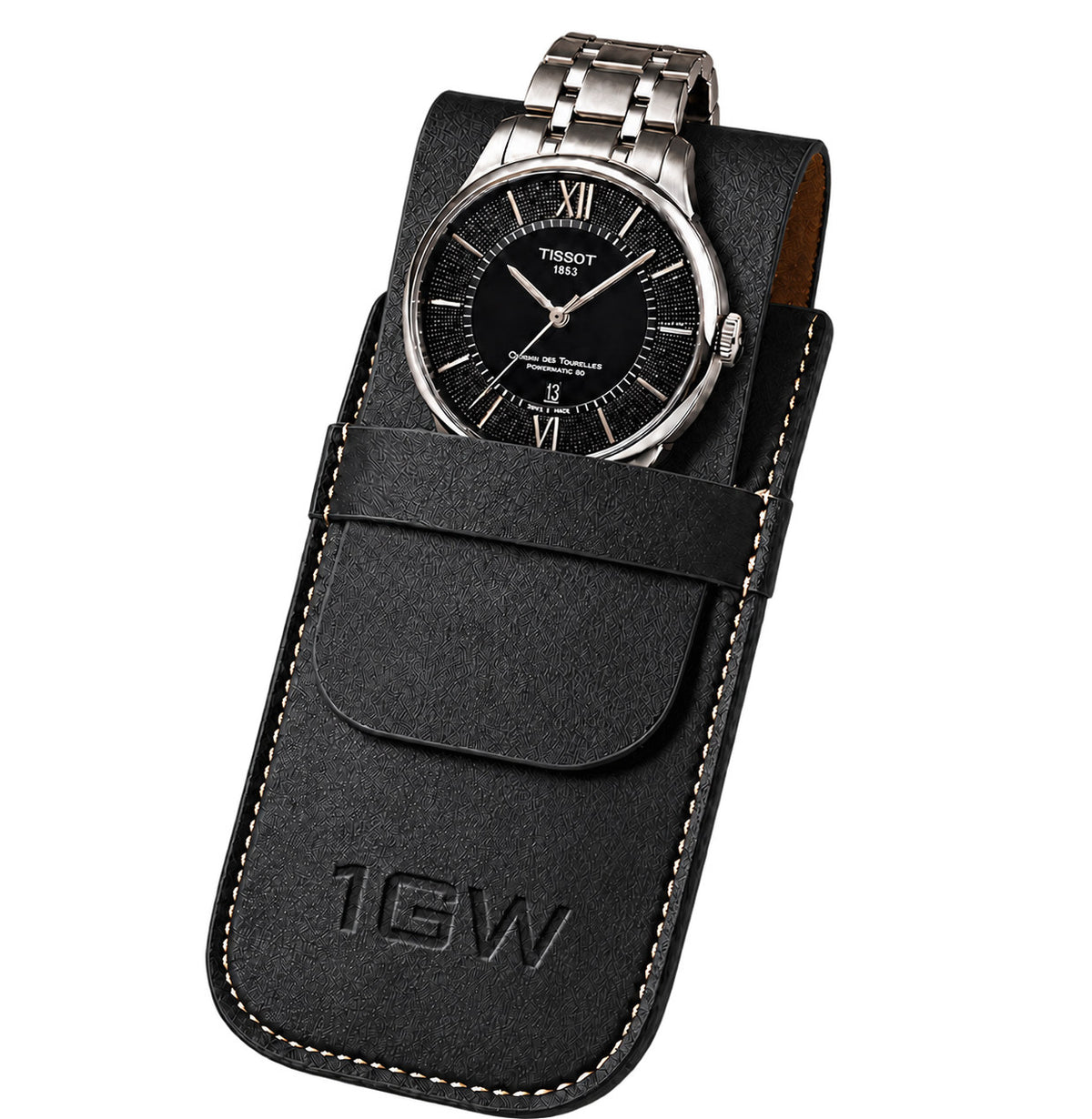 Black 1GW watch travel pouch with silver watch partially inserted