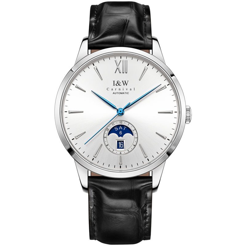 I&W Carnival IW.527G moonphase, white dial, black leather strap