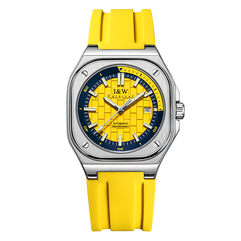 I&W Carnival IW.673G square automatic, yellow dial, yellow silicone strap