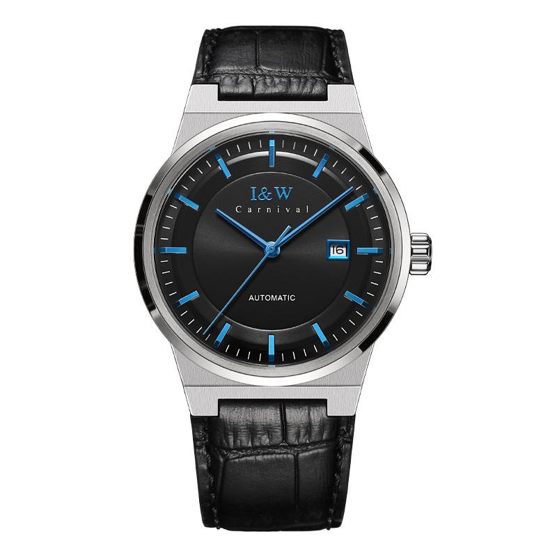 I&W Carnival IW.612G slim integrated, black dial with blue hands, black leather strap