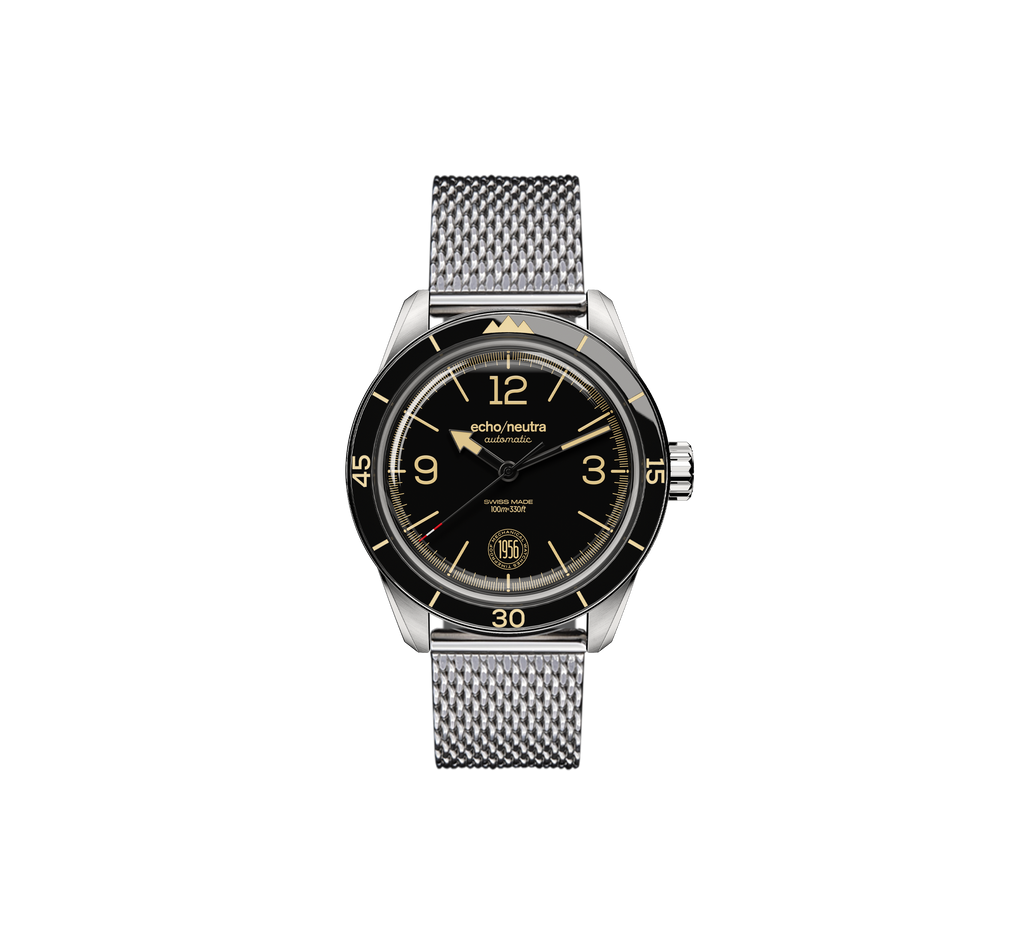 echo/neutra 1956 3H Black with Milanese mesh bracelet