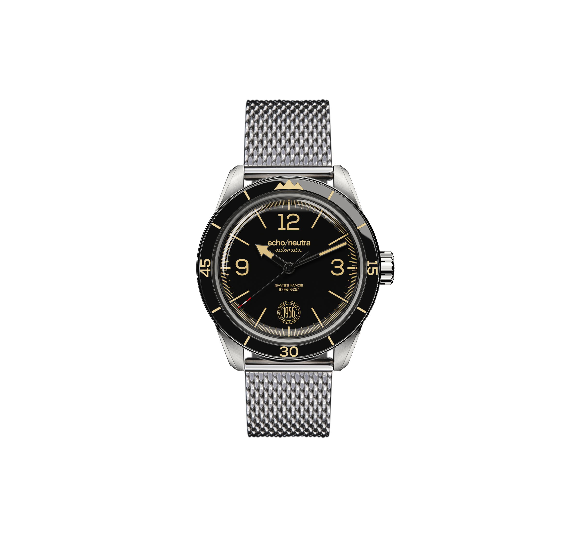 echo/neutra 1956 3H Black with Milanese mesh bracelet