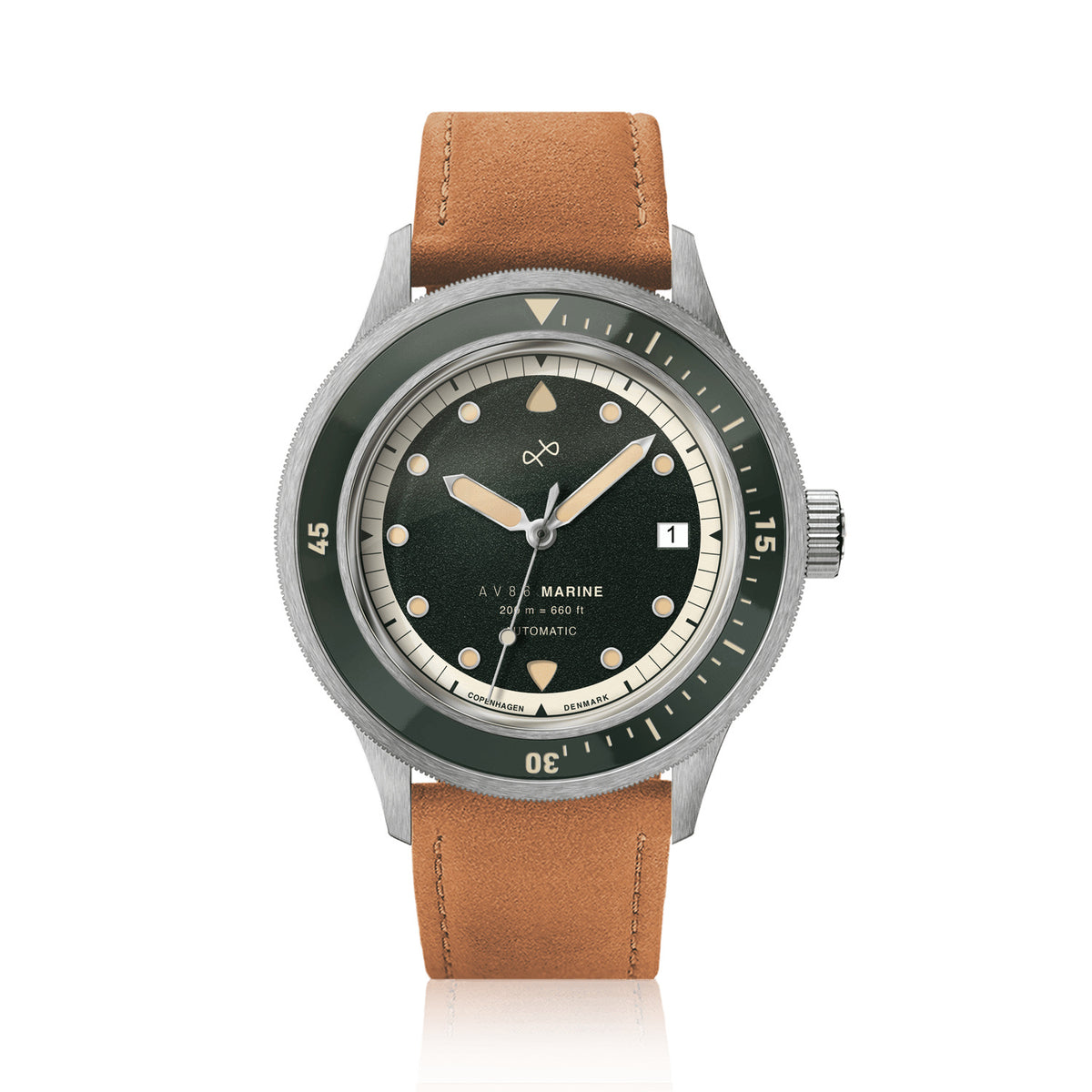AV86 1956 Marine Automatic, green dial, brown suede strap, official product image